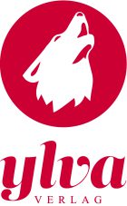 Logo vom Ylva Verlag: ein gezeichnter weißer Wolfskopf in einem roten Kreis, darunter der Name des Verlags